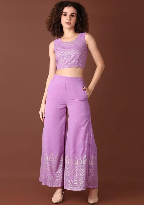 Purple Printed Round Neck Top Ith Trouser Coords