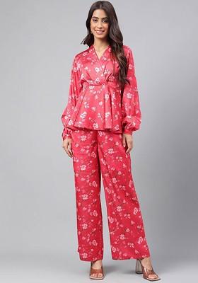Red Women Floral Printed Wrapstyle Top With Palazzos