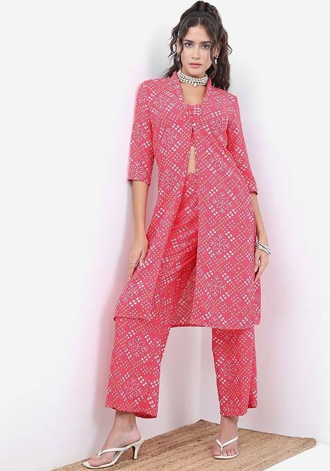 Pink Pink Bandhani Printed Crop Top With Trousers And Jacket