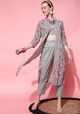 Blue Women Floral Printed Pure Cotton Coord Set