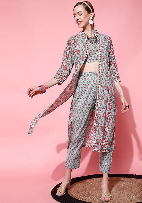 Blue Women Floral Printed Pure Cotton Coord Set