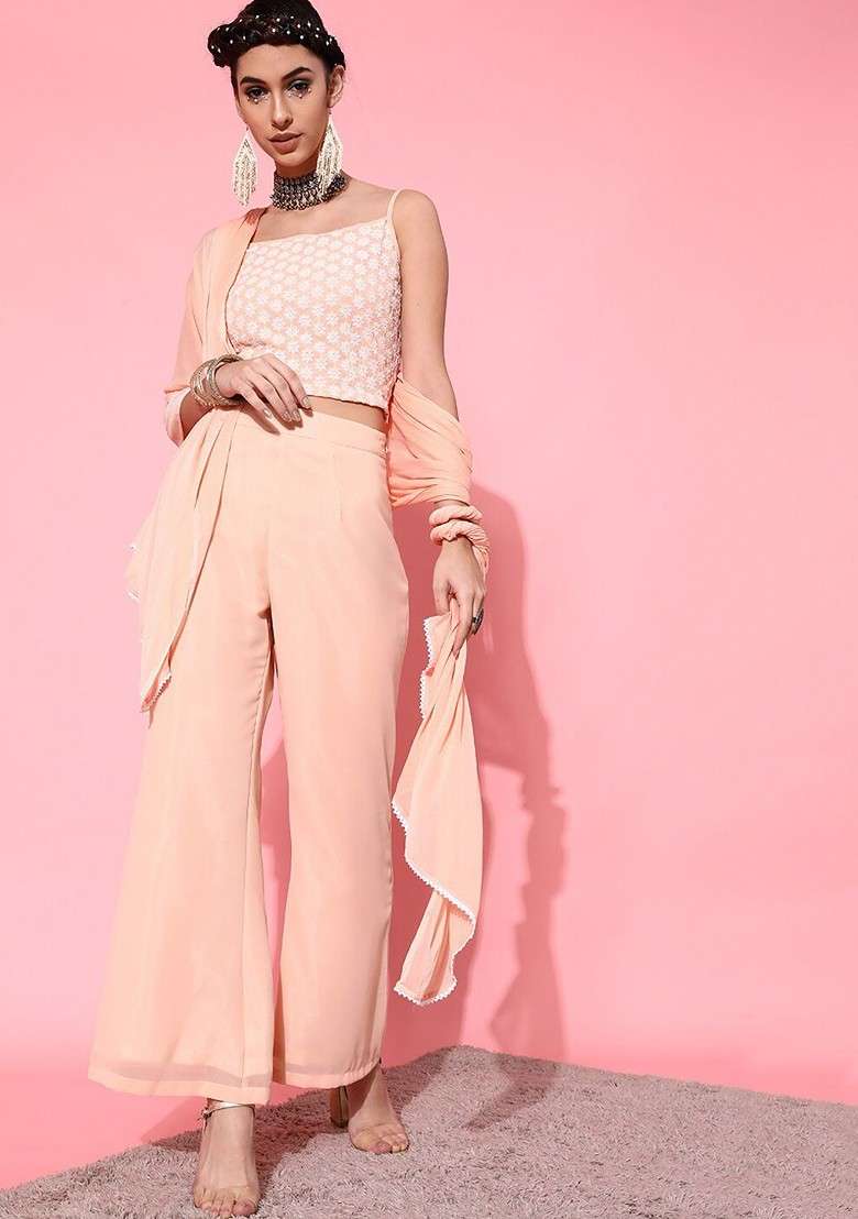Peach Women Peachcoloured Embroidered Top With Trousers And Dupatta - Indya