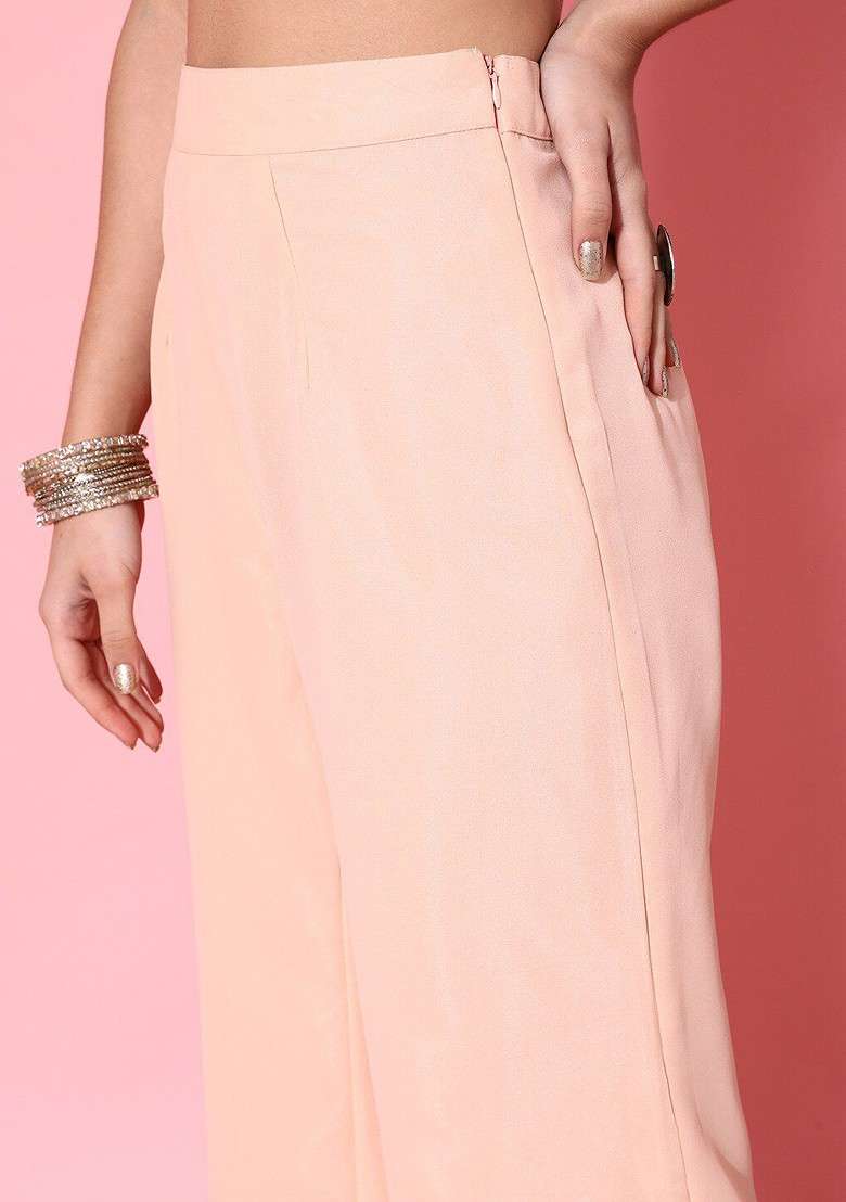 Peach Women Peachcoloured Embroidered Top With Trousers And Dupatta - Indya