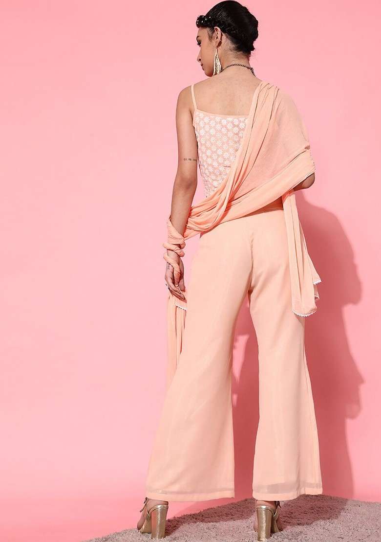 Peach Women Peachcoloured Embroidered Top With Trousers And Dupatta - Indya