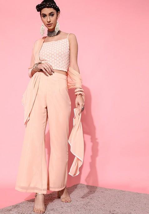 Peach Women Peachcoloured Embroidered Top With Trousers And Dupatta