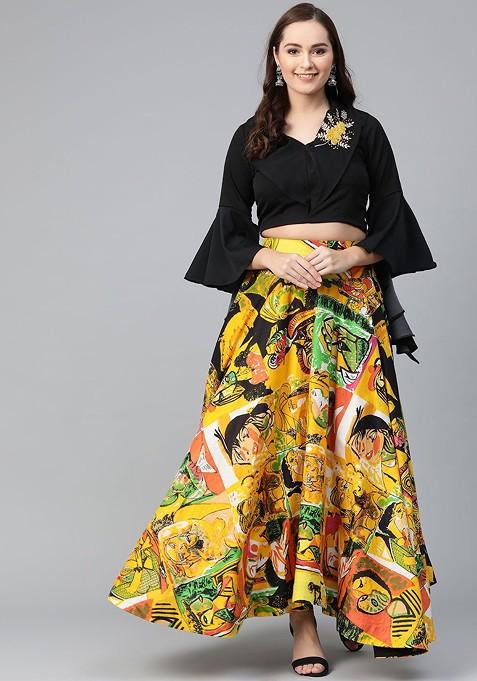 Black Women Black And Mustard Yellow Solid Top With Skirt
