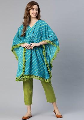 Blue Omen Blue And Green Striped Kaftan Ith Trousers