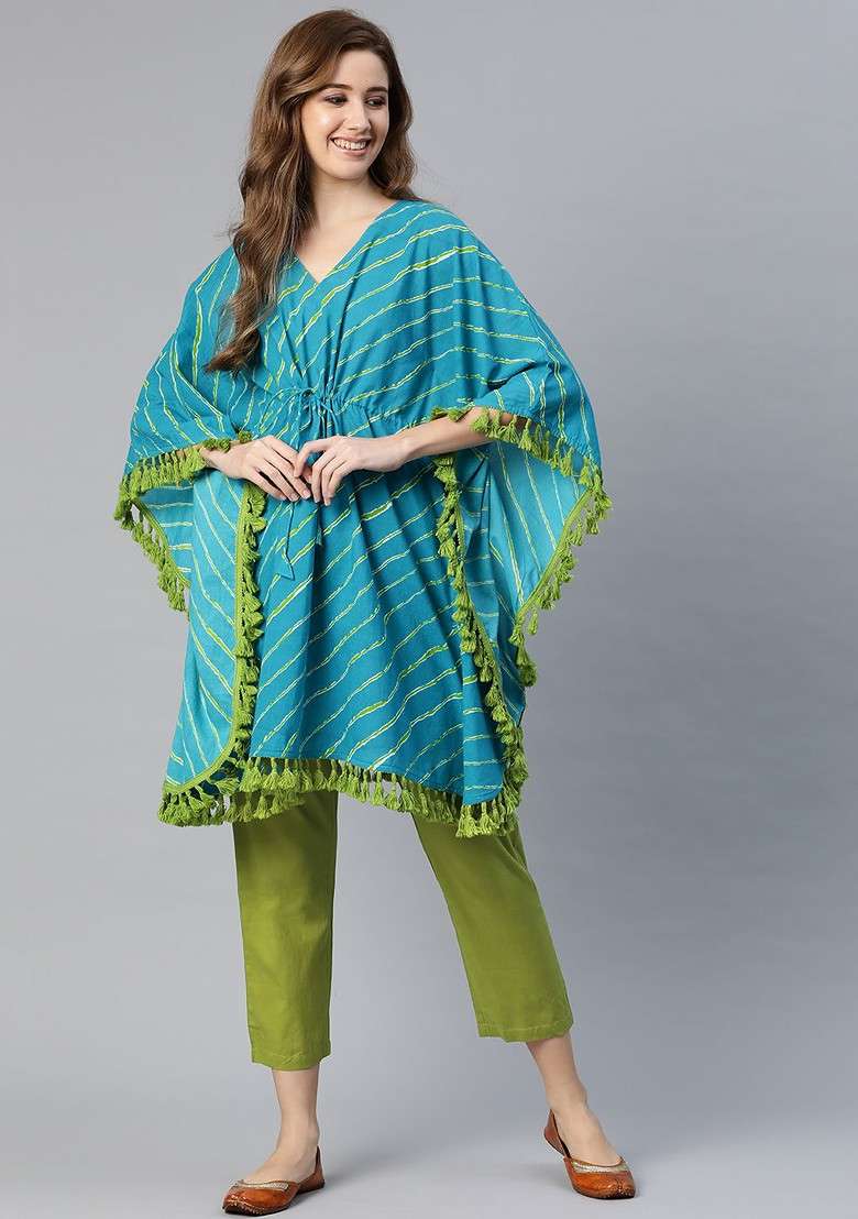 Blue Omen Blue And Green Striped Kaftan Ith Trousers - Indya