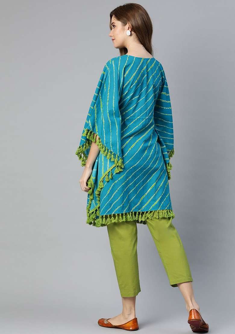 Blue Omen Blue And Green Striped Kaftan Ith Trousers - Indya