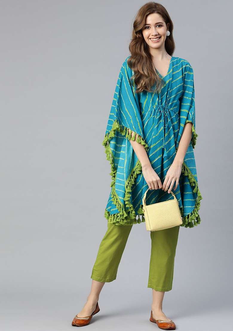 Blue Omen Blue And Green Striped Kaftan Ith Trousers - Indya