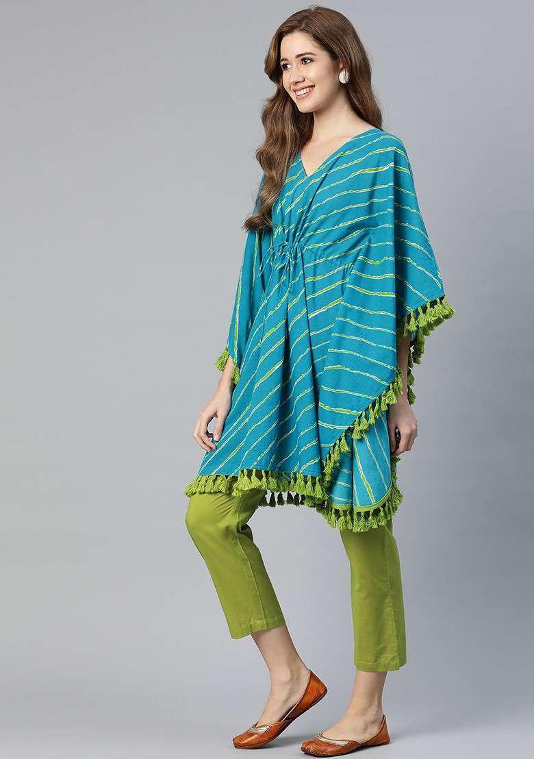 Blue Omen Blue And Green Striped Kaftan Ith Trousers - Indya