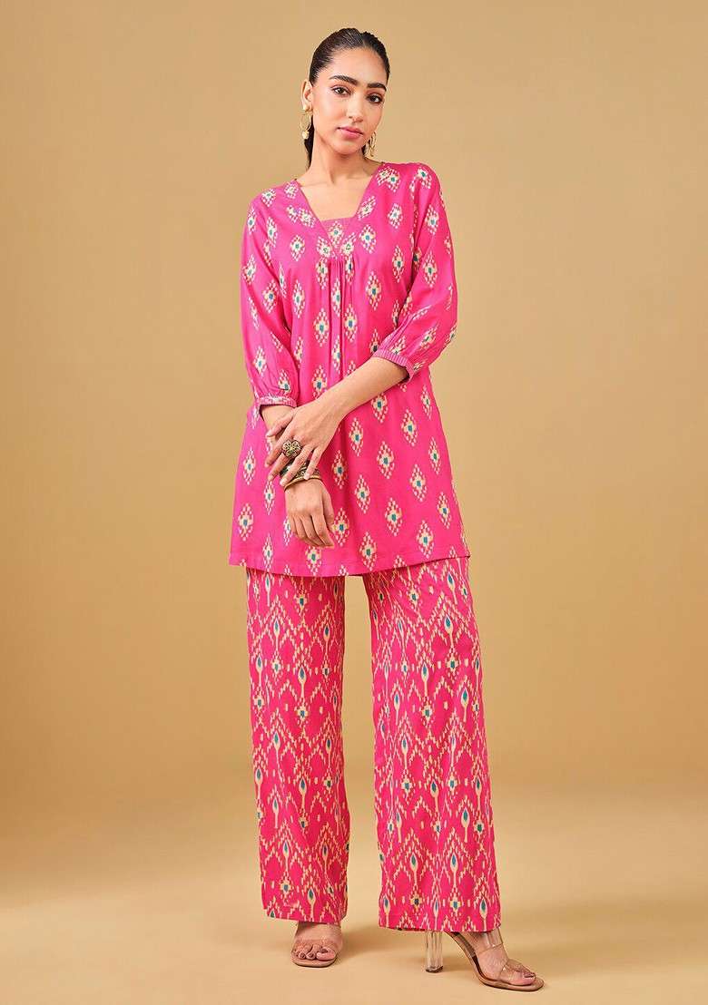 Pink Printed Vneck Tunic And Palazzo - Indya