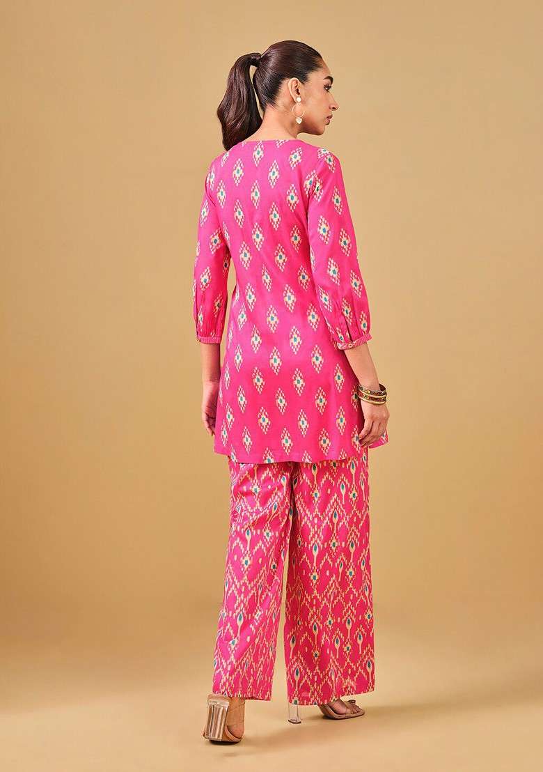 Pink Printed Vneck Tunic And Palazzo - Indya
