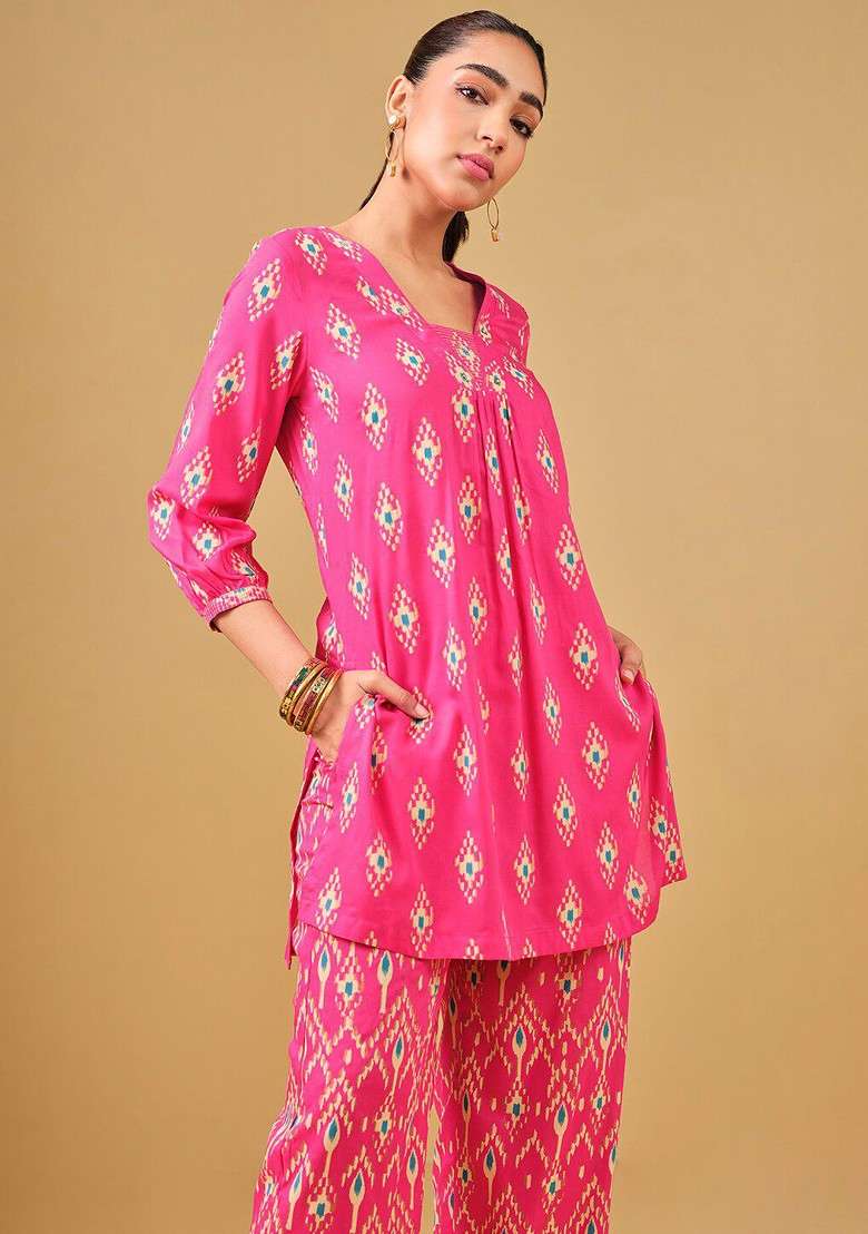 Pink Printed Vneck Tunic And Palazzo - Indya
