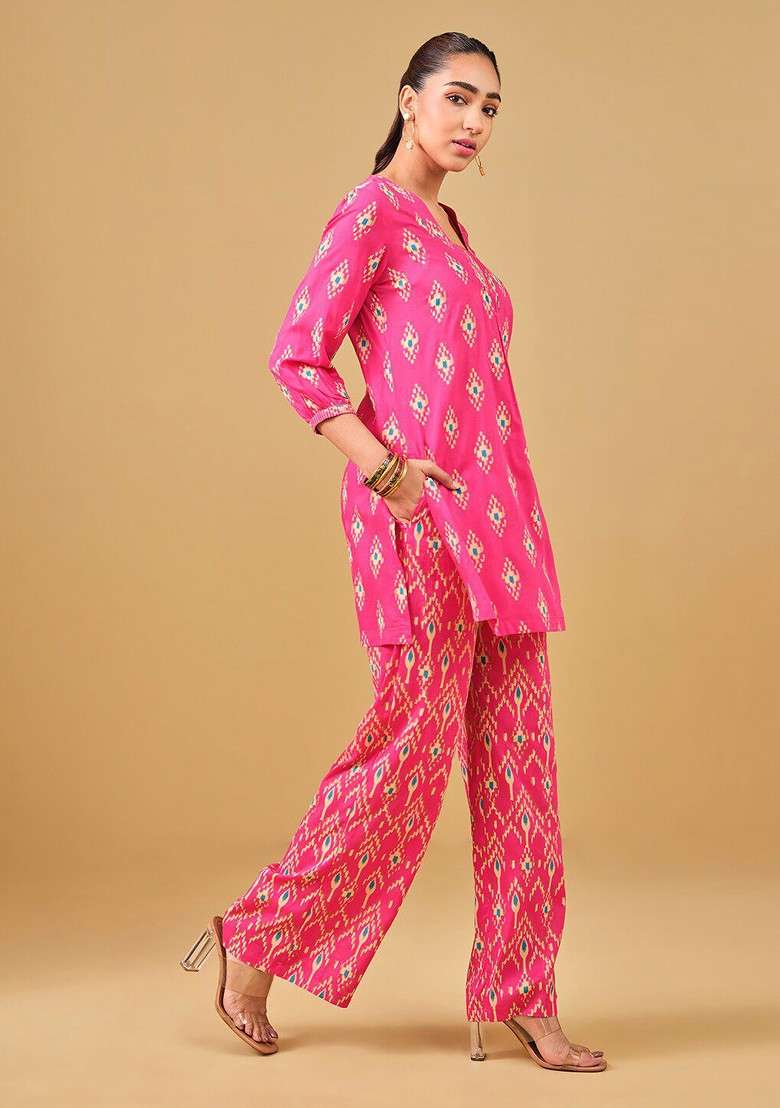 Pink Printed Vneck Tunic And Palazzo - Indya