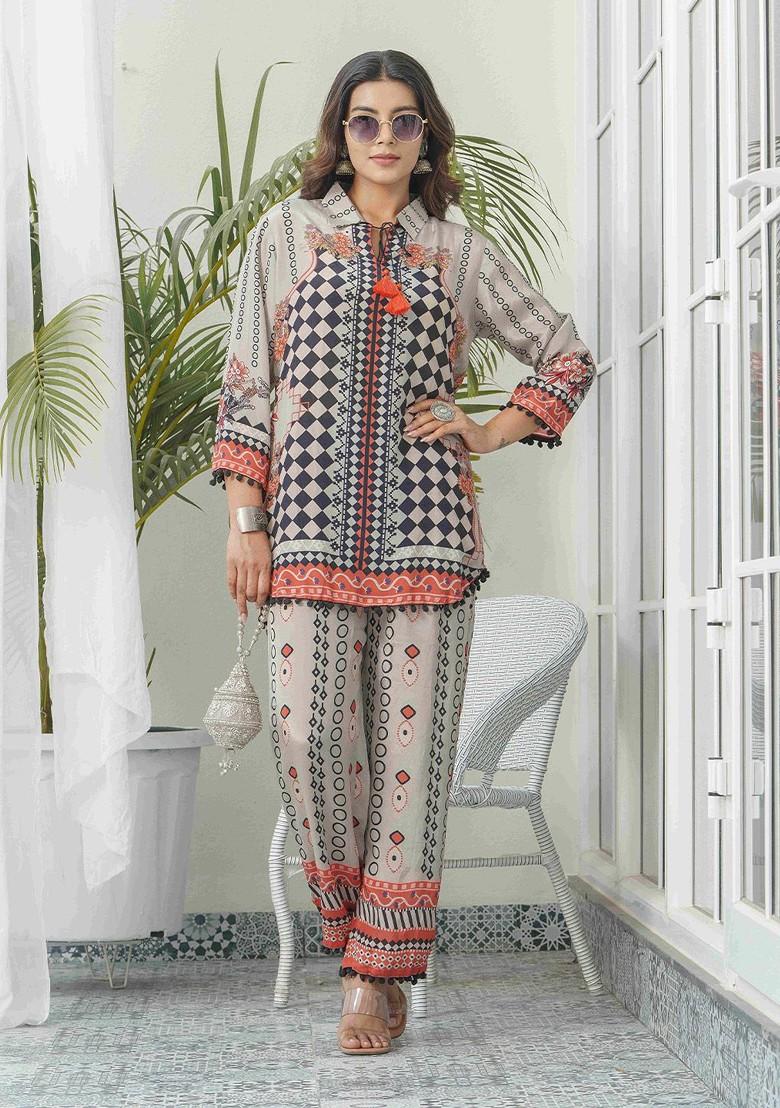 Grey Geometric Printed Tunic With Trousers Coords - Indya
