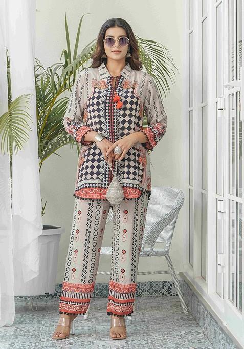Grey Geometric Printed Tunic With Trousers Coords