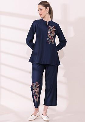 Navy Blue Embroidered Straight Top And Trouser