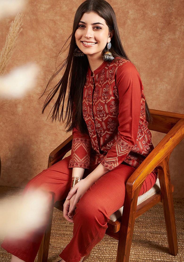 Rust Ethnic Motifs Woven Design Winter Pashmina Shirt With Trousers