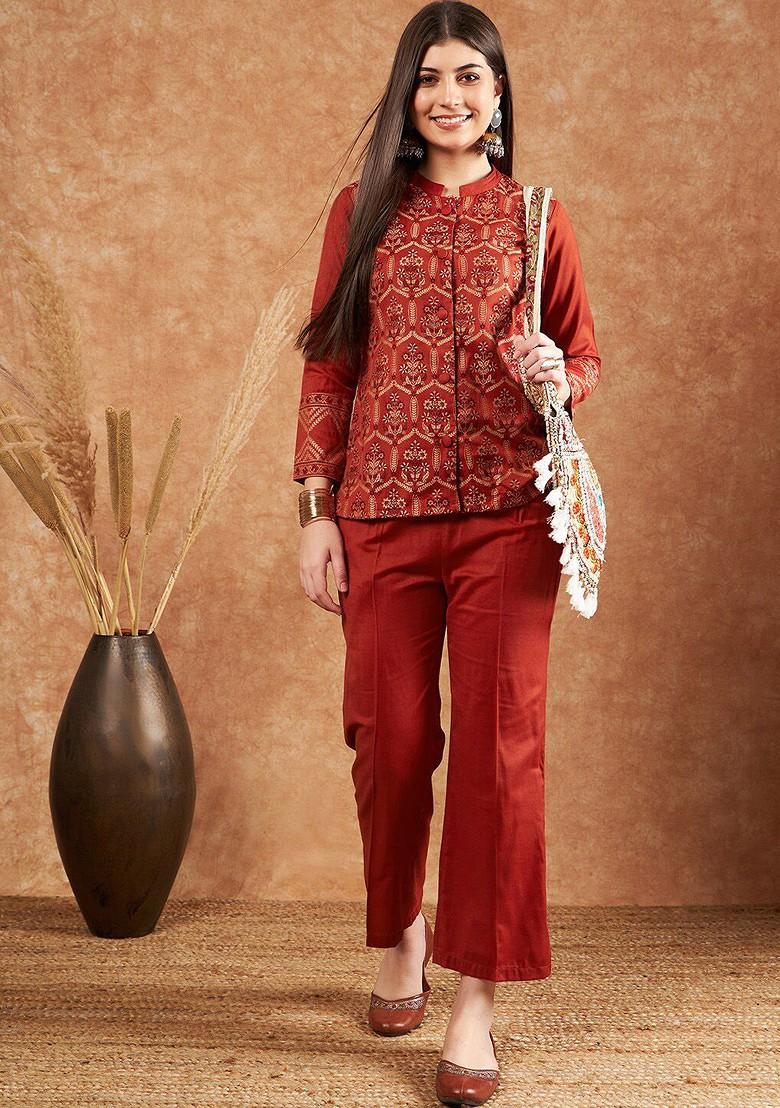 Rust Ethnic Motifs Woven Design Winter Pashmina Shirt With Trousers