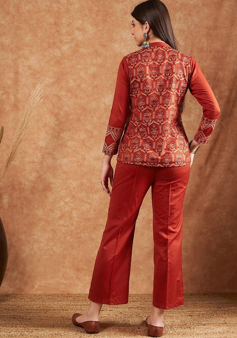 Rust Ethnic Motifs Woven Design Winter Pashmina Shirt With Trousers
