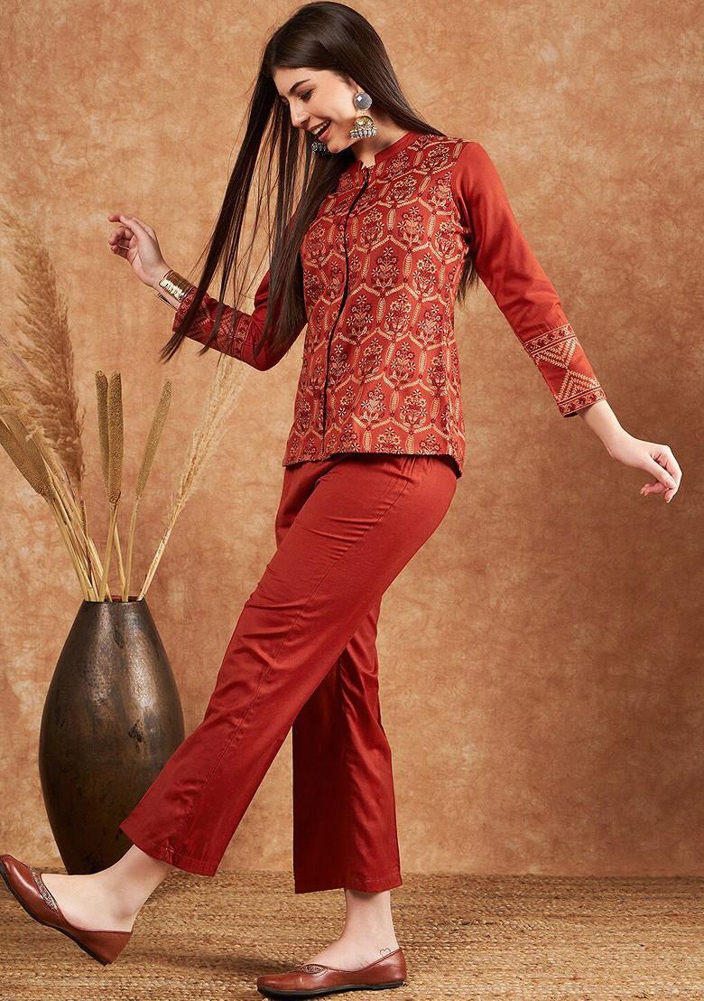 Rust Ethnic Motifs Woven Design Winter Pashmina Shirt With Trousers
