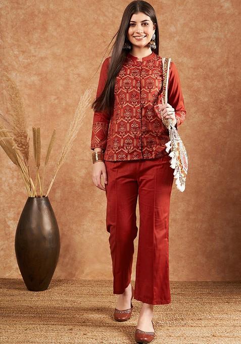 Rust Ethnic Motifs Woven Design Winter Pashmina Shirt With Trousers