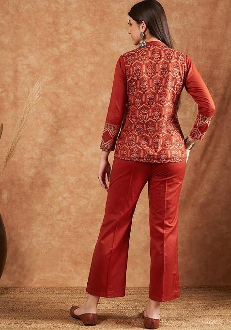 Rust Ethnic Motifs Woven Design Winter Pashmina Shirt With Trousers