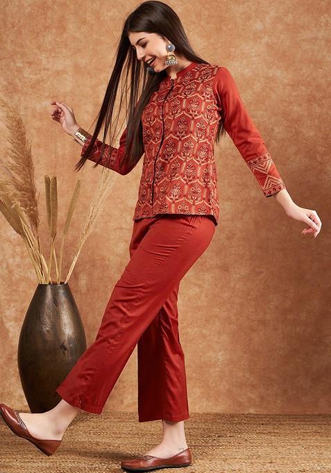 Rust Ethnic Motifs Woven Design Winter Pashmina Shirt With Trousers