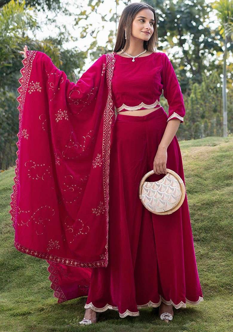 Fuchsia Crop Top With Palazzos And Dupatta - Indya