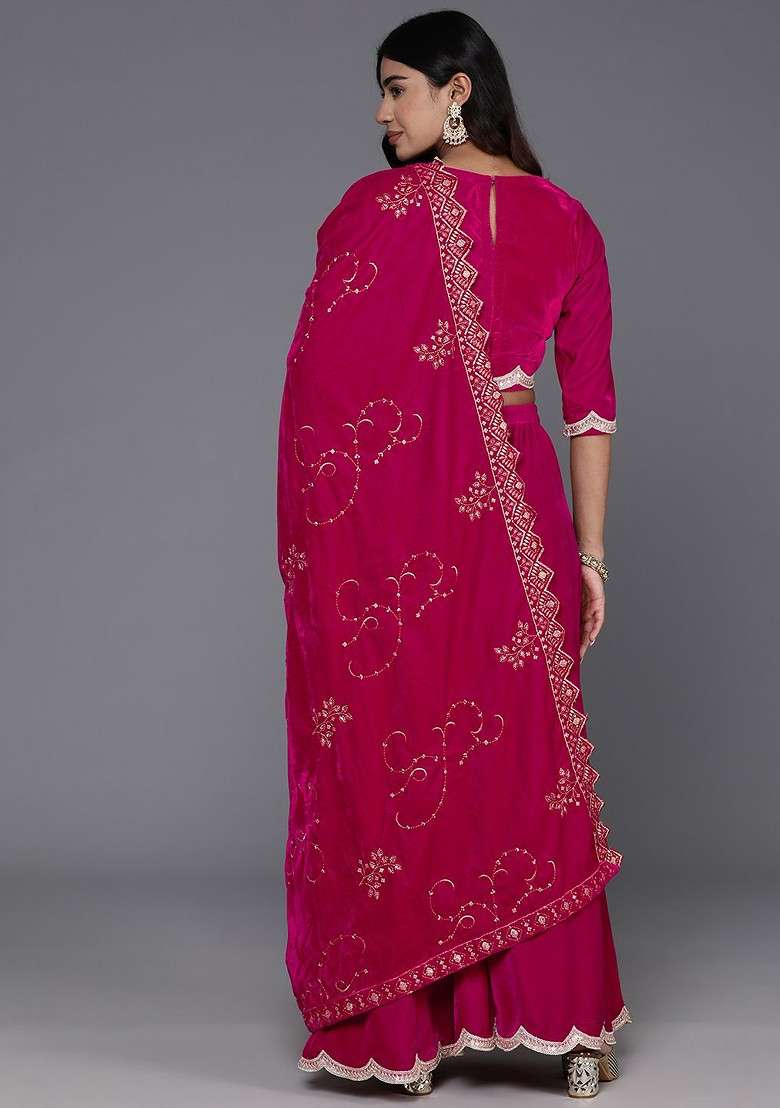 Fuchsia Crop Top With Palazzos And Dupatta - Indya