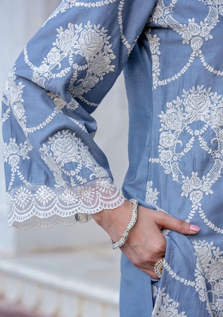 Blue Ethnic Motifs Embroidered V Neck Tunic With Trousers - Indya