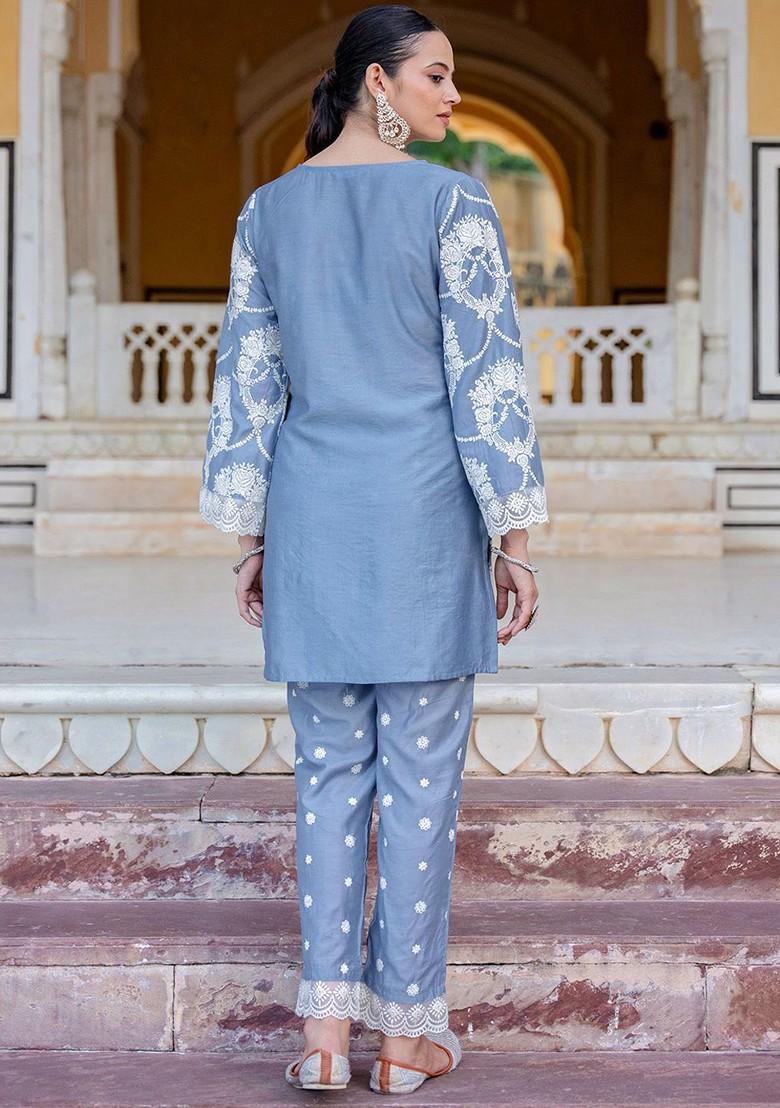 Blue Ethnic Motifs Embroidered V Neck Tunic With Trousers - Indya