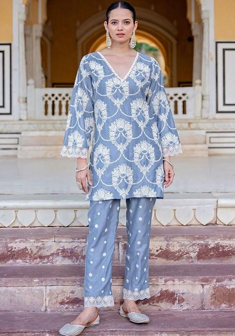 Blue Ethnic Motifs Embroidered V Neck Tunic With Trousers — view on Indya