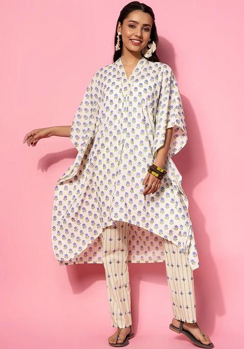 Cream Floral Printed V Neck Pure Cotton Kaftan Coords