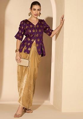 Purple Brocade Vneck Top With Skirt