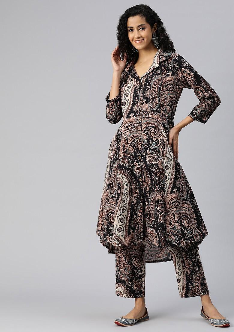 Black Women Printed Pure Cotton Tunic With Palazzos