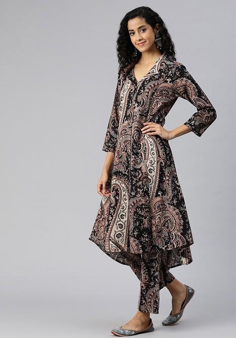 Black Women Printed Pure Cotton Tunic With Palazzos