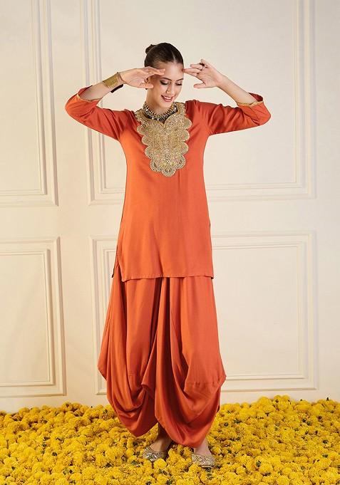 Rust Embroidered Blended Punjabi Suit