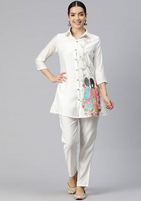 White Women Embroidered Pure Silk Tunic With Trousers