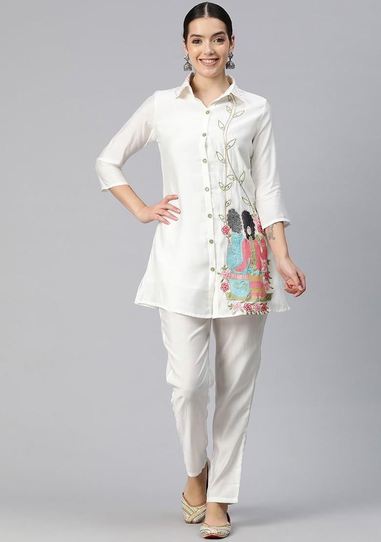 White Women Embroidered Pure Silk Tunic With Trousers