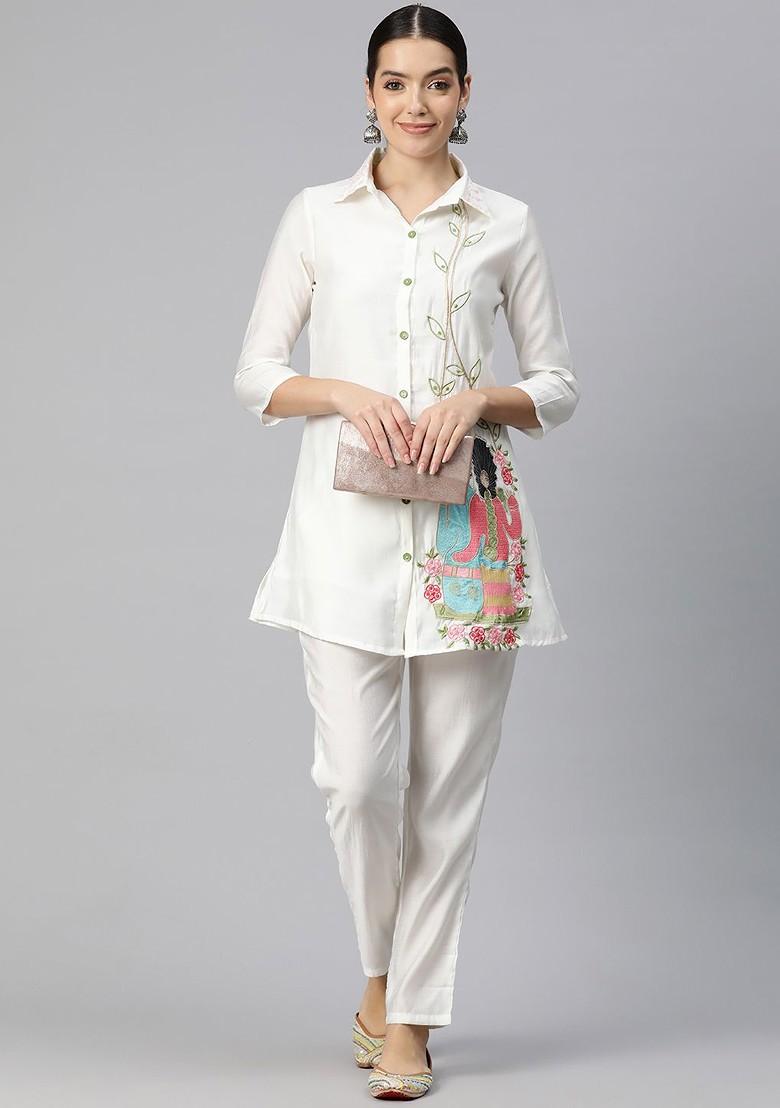 White Women Embroidered Pure Silk Tunic With Trousers