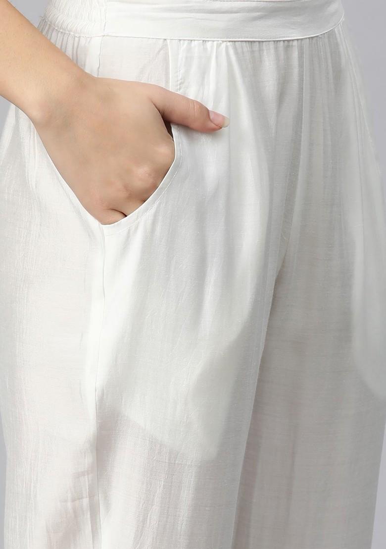 White Women Embroidered Pure Silk Tunic With Trousers
