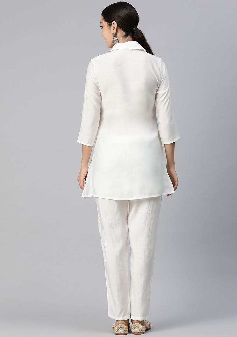 White Women Embroidered Pure Silk Tunic With Trousers