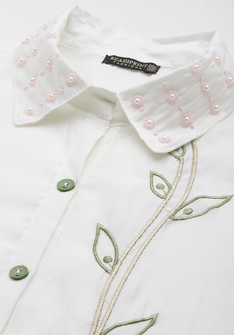 White Women Embroidered Pure Silk Tunic With Trousers