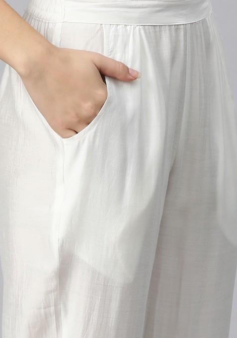 White Women Embroidered Pure Silk Tunic With Trousers