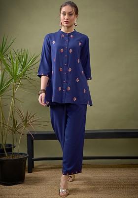 Blue Blue Embroidered Shirt With Palazzos Coords