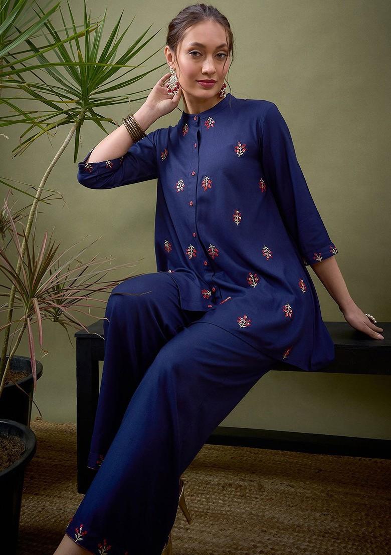 Blue Blue Embroidered Shirt With Palazzos Coords - Indya