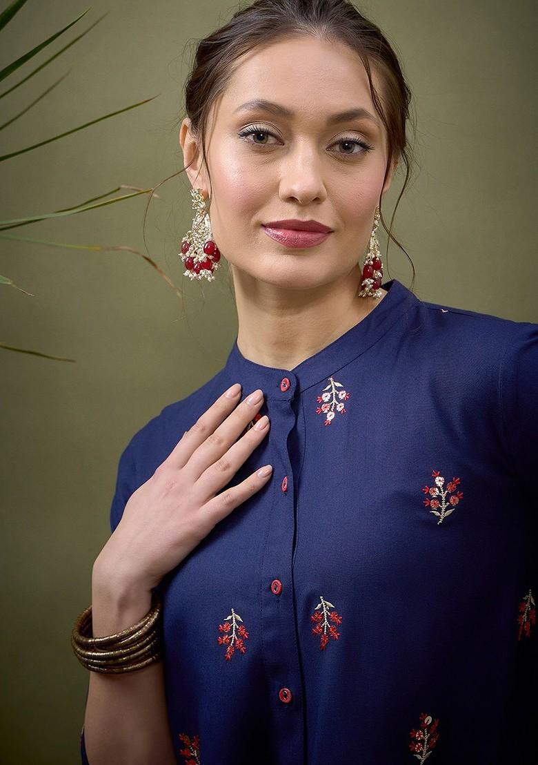 Blue Blue Embroidered Shirt With Palazzos Coords - Indya