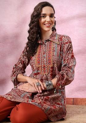 Rust Women Printed Tunic With Palazzos